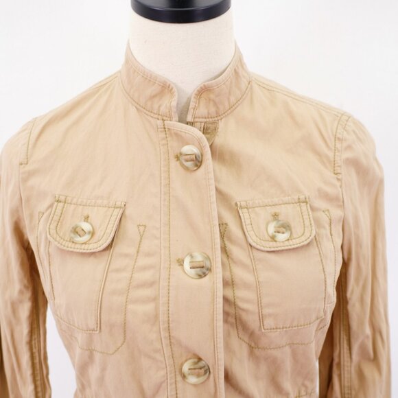 Ann Taylor Loft Canvas Zip + Button Front Pocket Jacket Mock Neck XSP Petite Tan - Picture 2 of 9